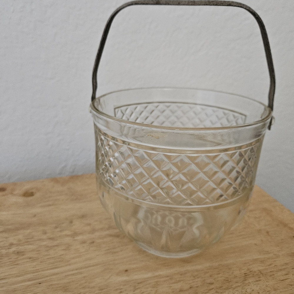 Vintage Glass Ice Bucket with Hammered Silver Handle